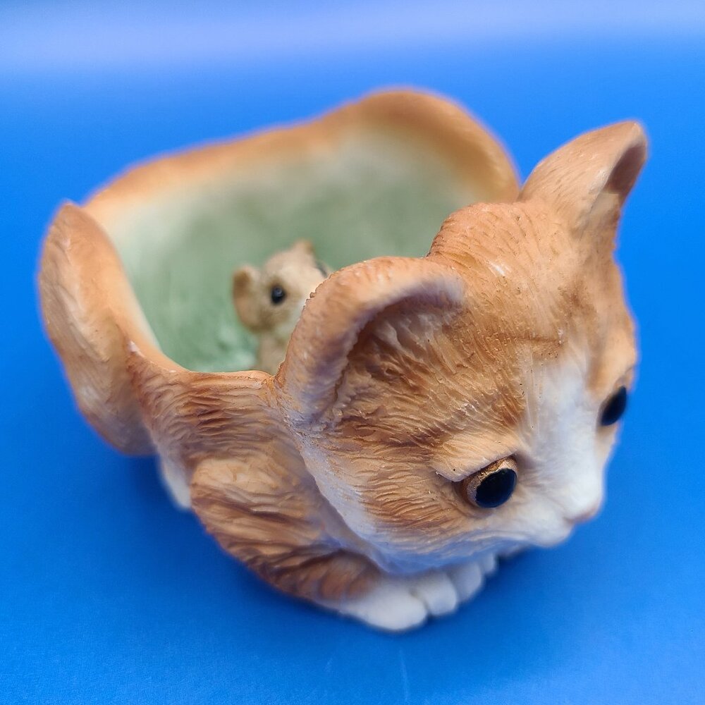 Vintage Stone Critters Critter Keeper Trinket Dish Orange Cat Mouse Cheese NOLID